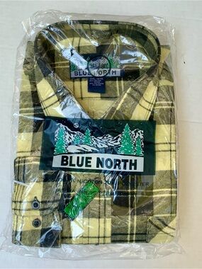 New Old Stock Blue North Men's Plaid Flannel Shirt Yellow Black 3XL NIP